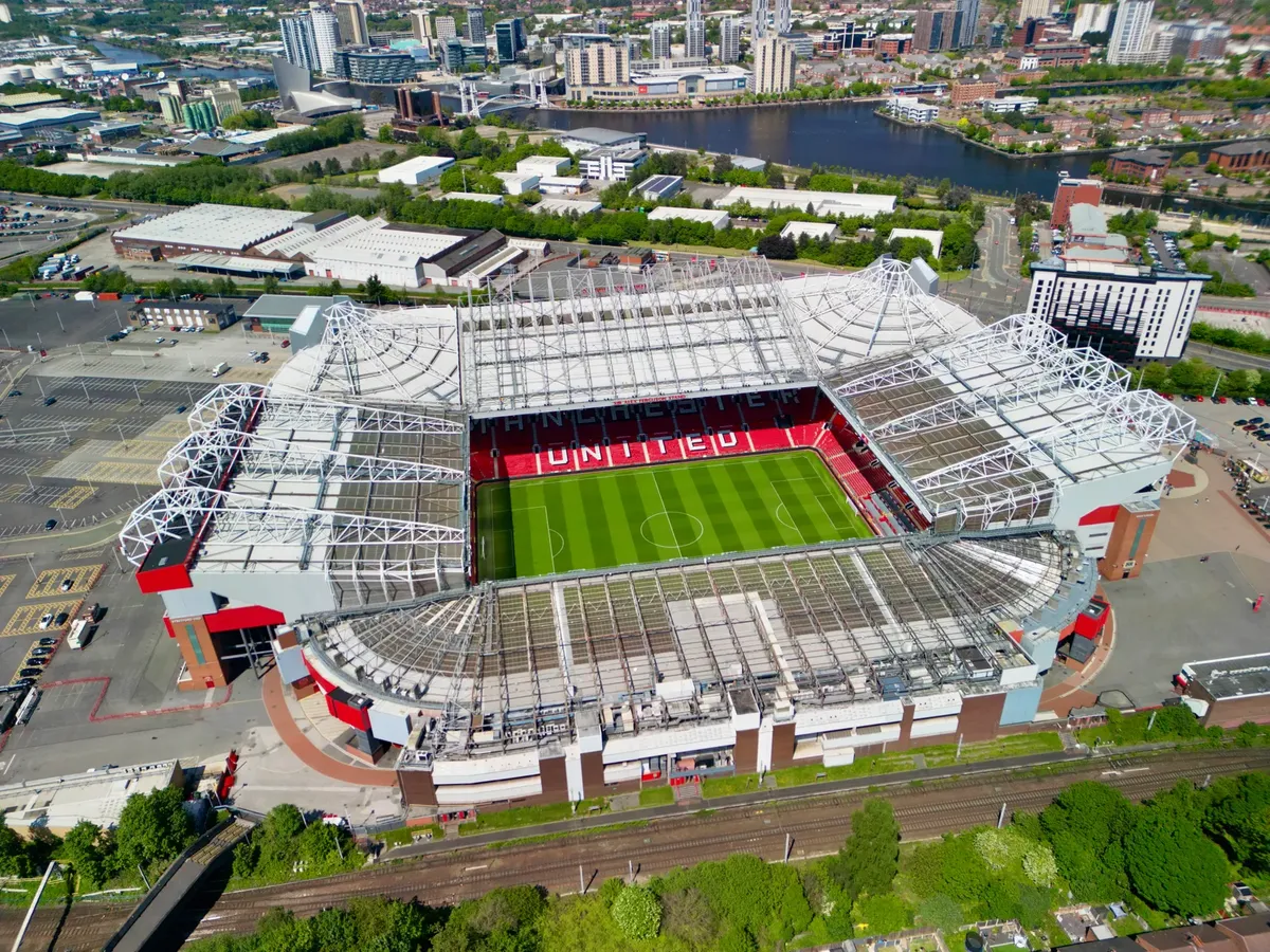 Stunning aerial shot of Old Trafford stadium in Manchester, showcasing its iconic architecture.