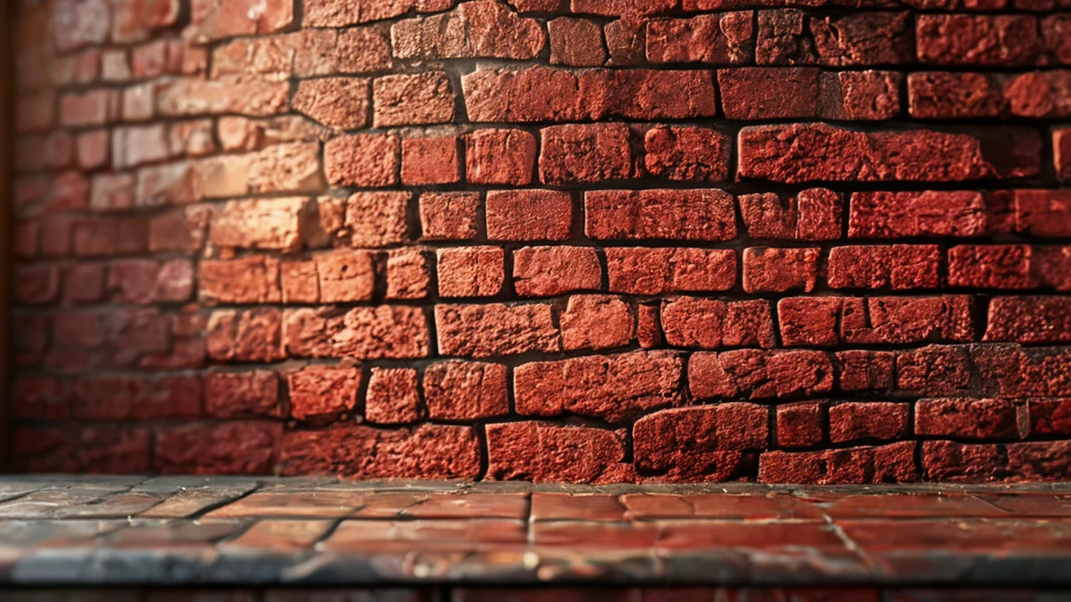 A cracked brick wall, uneven texture, reddish brown color, resting on a metal table under warm side light, shallow depth of field, photorealistic, sharp focus, high detail