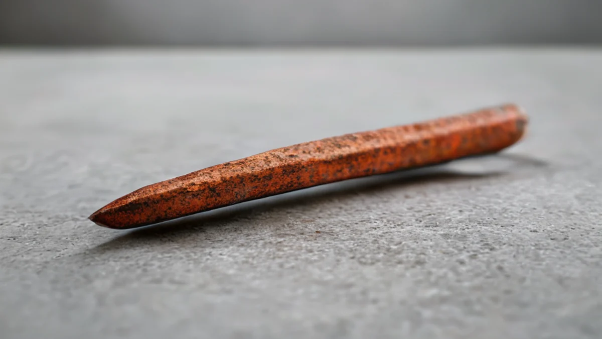 A single rusted nail, center framed, with a rough, textured surface, reddish-brown color, and a sharp, pointed end, resting on a plain concrete table, under clean studio softbox, shallow depth of field.